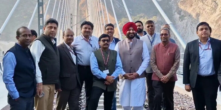 Minister for Railways Ravneet Singh Bittu with Railway officials and others in Reasi district on Tuesday.