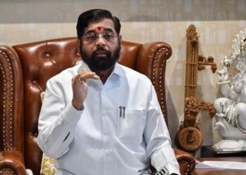 Maharashtra chief minister Eknath Shinde addresses a press conference, at his residence, in Thane