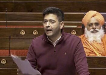 AAP MP Raghav Chadha speaks in the Rajya Sabha during the Winter session of Parliament, in New Delhi.