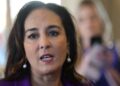 Harmeet Dhillon talks to the press after losing the election for Chair at the winter meeting of the Republican National Committee in Dana Point, California.