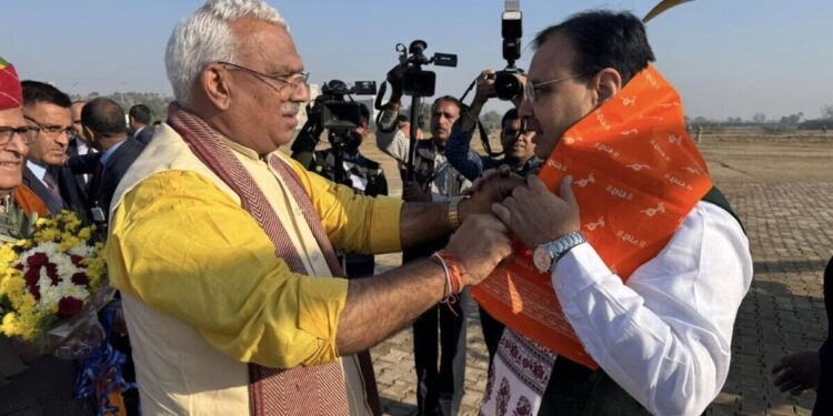 Rajasthan minister of state, Home Department, Jawahar Singh Bedham (left) welcoming chief minister Bhajan Lal Sharma. Photo: Facebook/Jawahar Singh Bedam