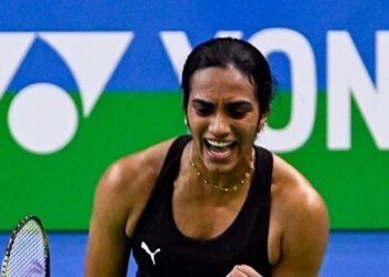 PV Sindhu celebrates during a match.