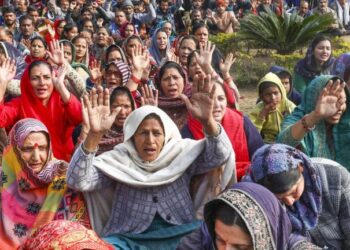 Women protest during a ‘bandh’ called by Shri Mata Vaishnodevi Sangarsh Samiti against a proposed ropeway project in Katra, the base camp for pilgrims visiting the Mata Vaishno Devi shrine, in Reasi district